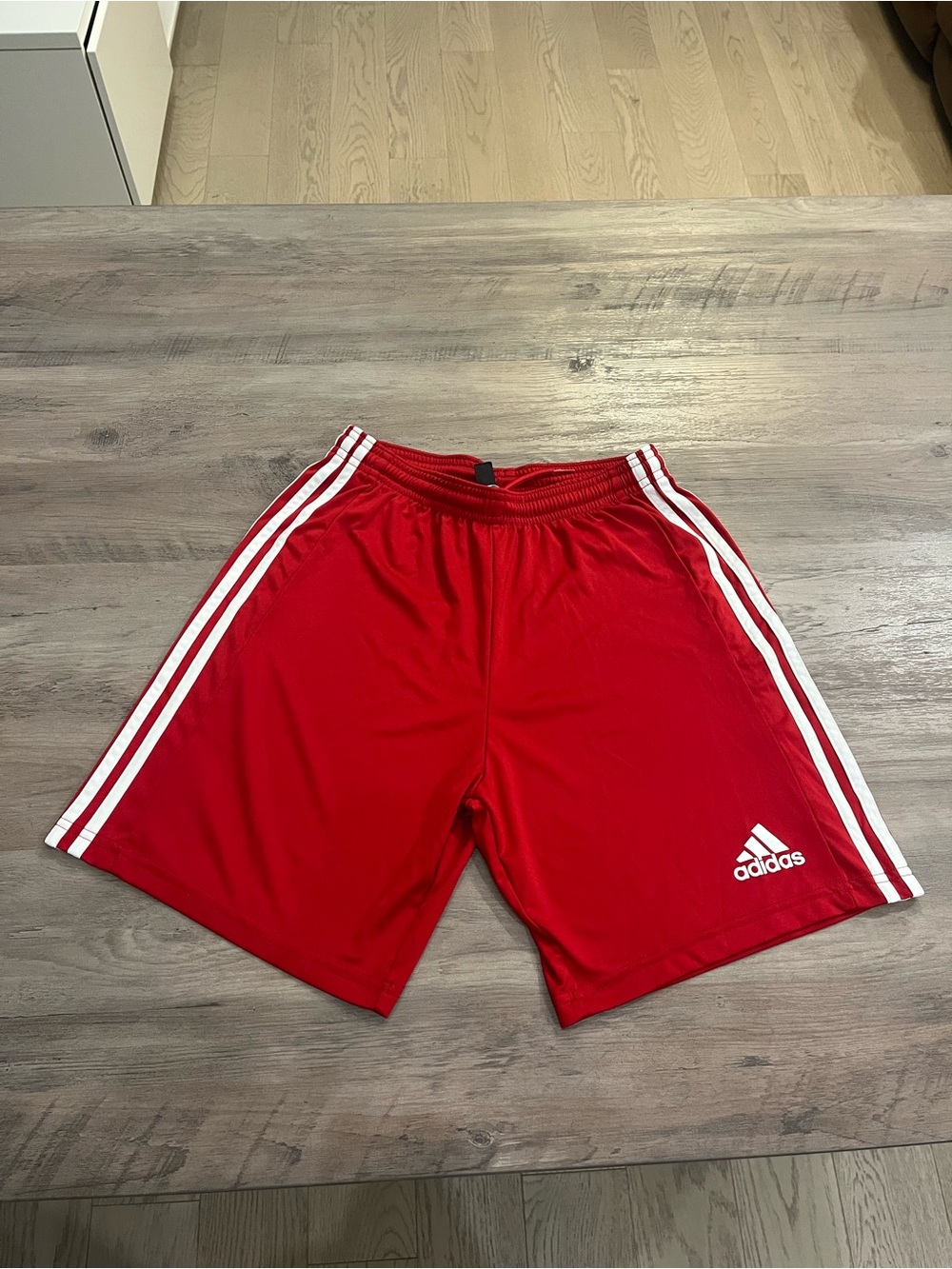 adidas Men’s Red Athletic Shorts with White Stripes